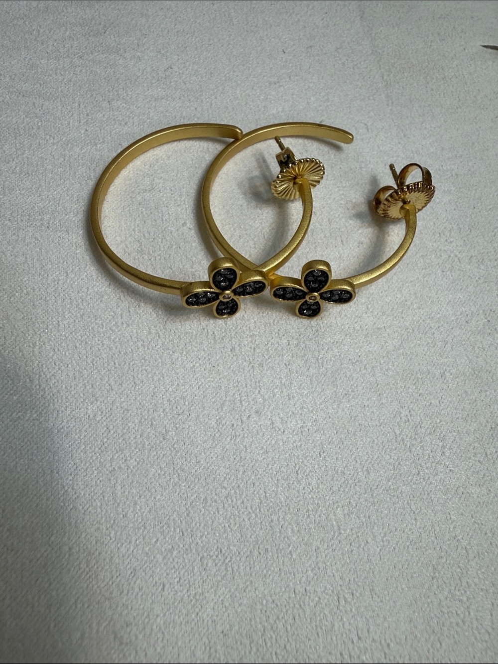 Gold Flower Hoop Earrings with Black Crystal Centers